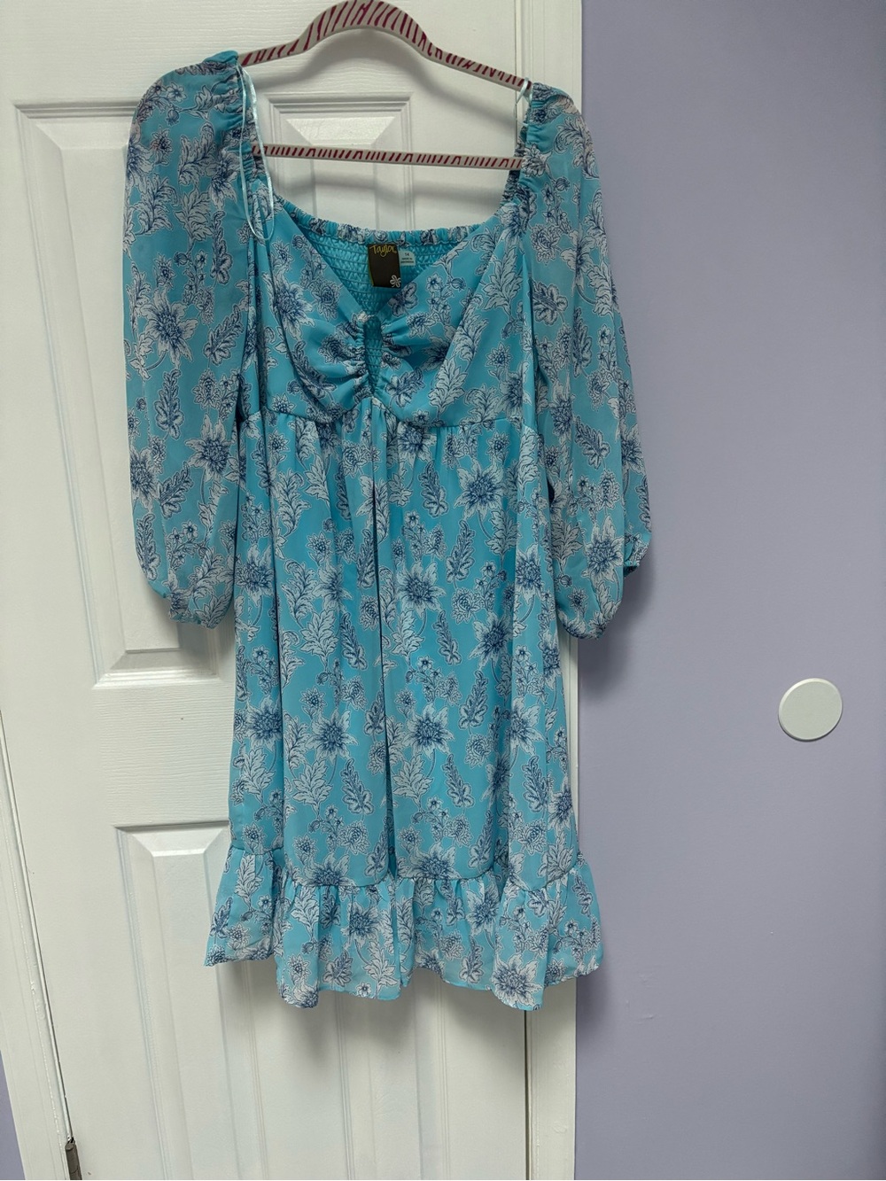 Taylor Blue Floral Midi Dress with Sleeves